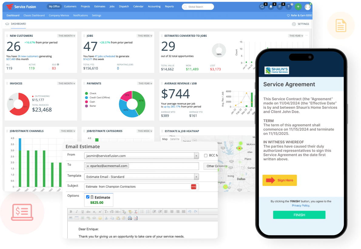 dashboard, email estimate and service agreement software screenshots